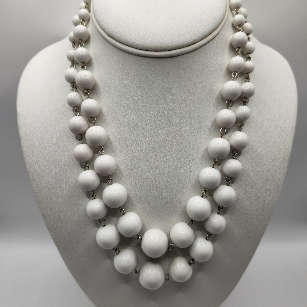 Vintage White Bead Double Strand Necklace Silver Tone Lobster Clasp